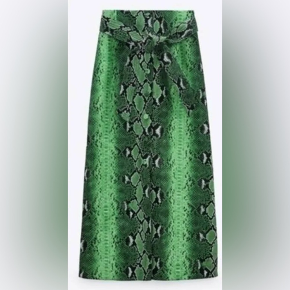Zara Limited Edition Green Snake-Print Faux Leather Midi Skirt Size XS